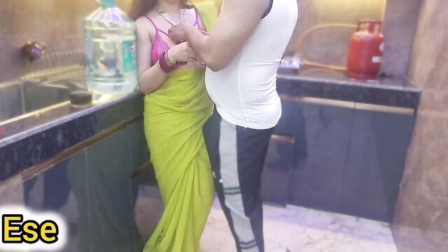Sammy Sins grabs Alisha Bhabhi's big tits in green saree kitchen tease