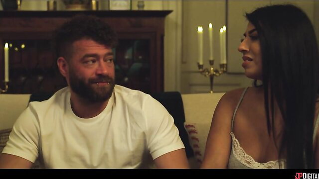Jasmine Sherni in sexy lingerie with bearded man in Halloween scene