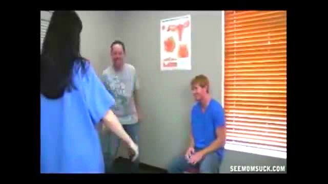 Angie Noir in nurse outfit with son's friend in exam room