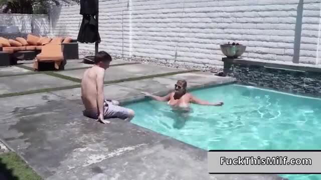 Mochi Mona in bikini with step-grandson by pool, huge tits MILF seduction