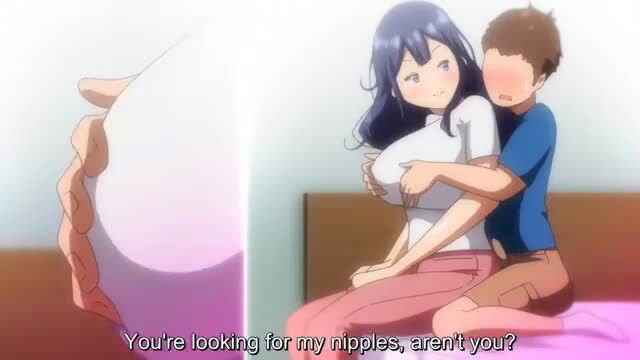Busty purple-haired hentai milf teases small guy, huge tits pressed on him