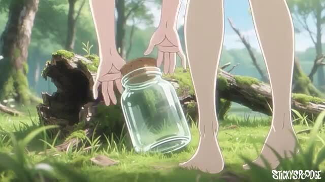 Anime girl barefoot in forest holding empty jar, nude hentai tease