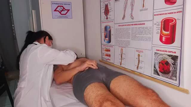Hot Brazilian nurse in white coat strokes Nordicguy94's huge bulge in hospital bed