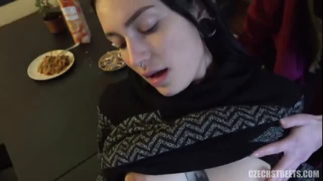 Teresa topless with hand on tits at table, Charlotte Thorn amateur