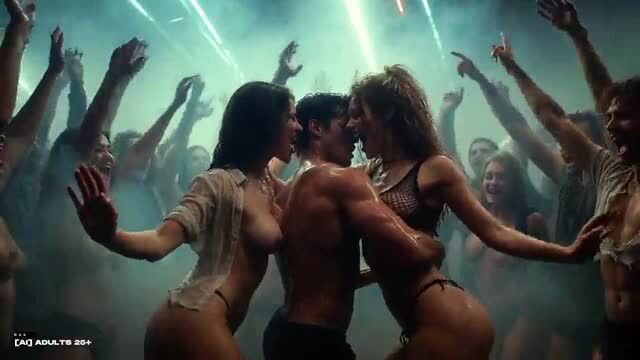 Wet DJ squeezes pierced tits at rave orgy, hot ravers kiss wildly
