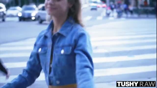 Asuna Fox in tight jeans smiles on street, Tushy Raw anal tease
