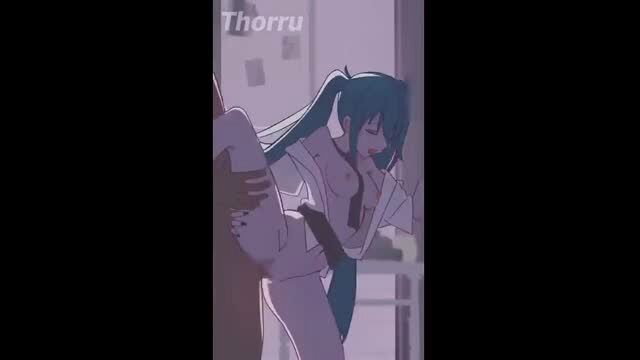 Anime girl in ponytail getting fucked against the wall