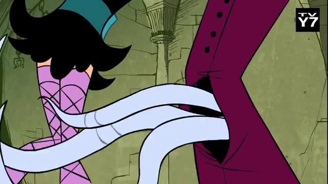Cartoon character in purple outfit with long white tentacles