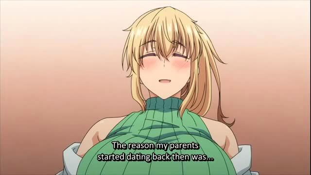 Blonde anime girl blushing in green dress, smiling softly