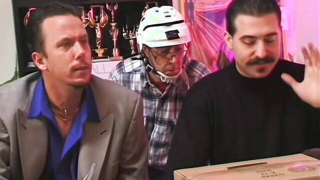 Tiffany Mynx with two men in suits, helmet guy, box in vintage cellar threesome