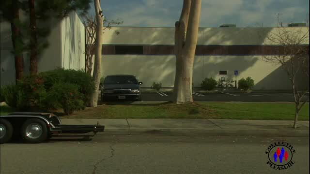 Black sedan parked near industrial building with trees