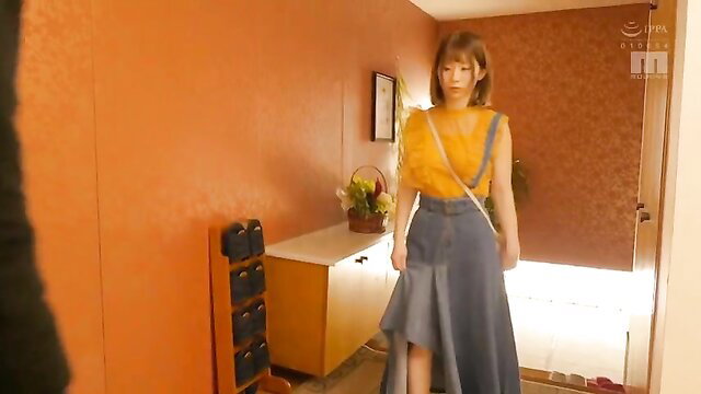 Tsubasa in sheer yellow top and denim skirt, JAV stepdaughter tease