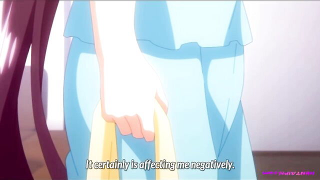 Anime hentai girl in blue dress holding bag, sad expression