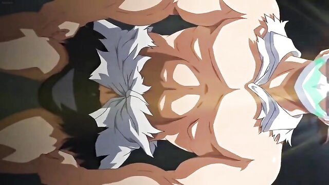 Muscular anime angel hunk in skimpy white loincloth, hentai bulge tease