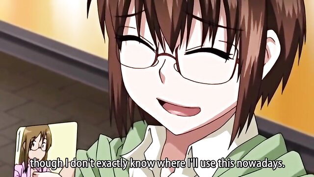 Smiling busty anime hentai babe in glasses holding photo, teasing pose