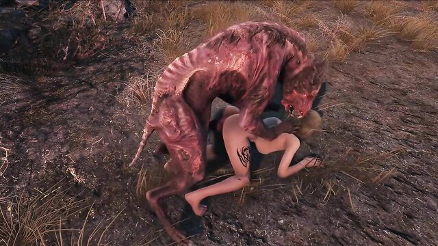 Fallout 4 hentai: Vicious Mongrel beast fucking nude tattooed woman doggystyle outdoors