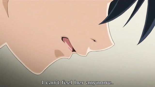 Hentai girl closeup face, sad expression, 'I can't feel her anymore' subtitle