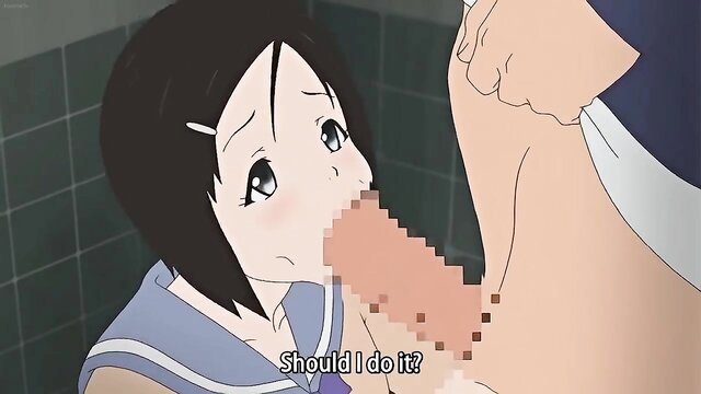 Anime schoolgirl with short black hair sucks cock in JAV hentai oral scene