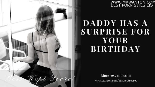 Blonde woman in backless lingerie looks at birthday surprise from daddy
