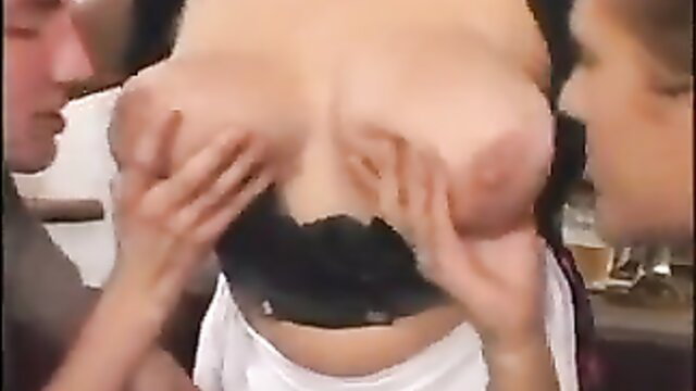Petra Barmaid's biggest massive breasts groped by men in bar