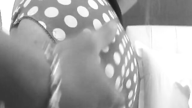 Curvy transsexual in polka dot bikini top at soapland