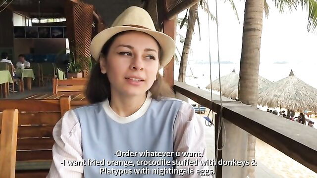 Loly Lips hot Russian babe in hat at beachside eatery