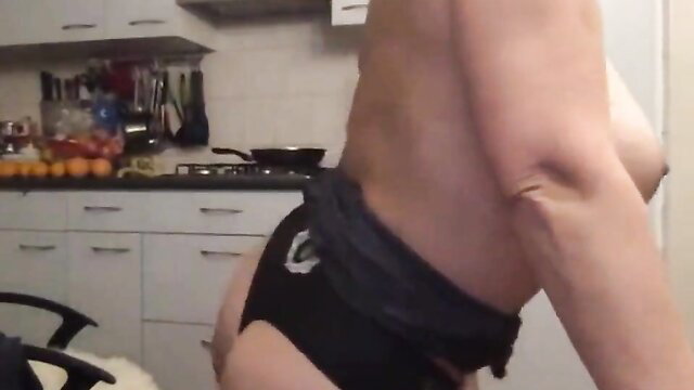 Je T'Aime webcam striptease in black thong, big tits kitchen tease