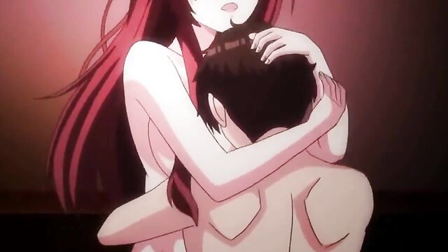 Busty redhead hentai girl embraces nude teen boy from behind