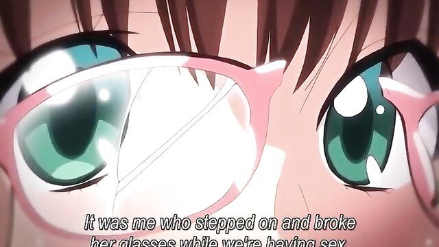 Megane anime girl with broken glasses confessing stepping on them during sex