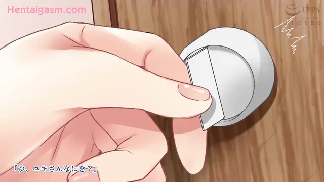 Anime hentai girl hand on door knob in heat harem scene