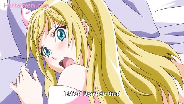 Blonde anime catgirl with nekomimi ears blushes in ecstasy on bed, uncensored hentai