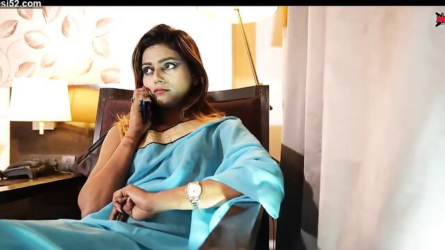 Indian wife in blue saree on phone, cheating tease