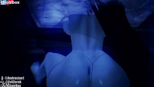 Sadako Yamamura hentai ass view in blue lighting thong, sexy anime rear
