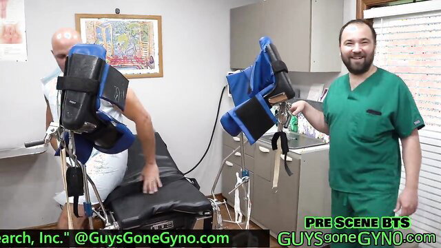 Johnny Cartel nude in gyno chair BTS, doctor preps exam