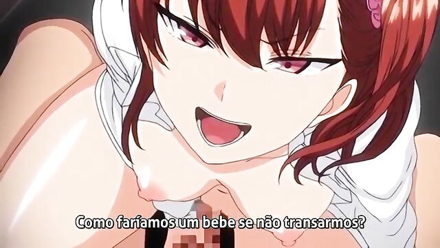 Redhead hentai girl with huge tits smiling seductively, Portuguese subs ep 2