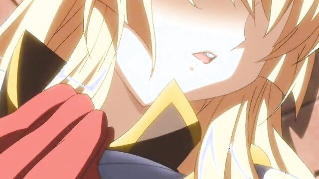 Blonde anime knight girl closeup face with open mouth in ecstasy
