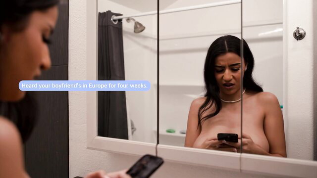 Nude Arab beauty in bathroom mirror selfie, tits out, boyfriend away 4 weeks