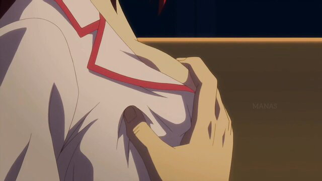 Anime girl in white uniform groped on tits, hot fan service closeup