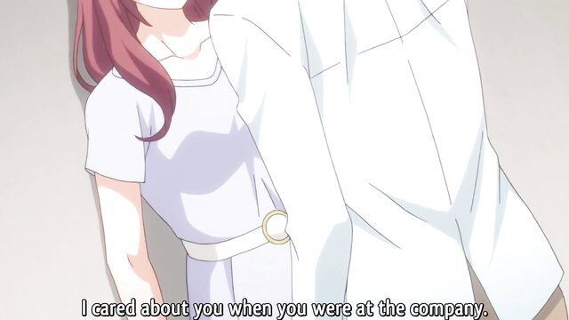 Busty anime coworker in white shirt hugged by Romantic Guy