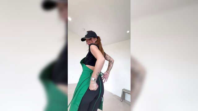 Arikytsya in sexy Starbucks apron outfit, tattooed redhead posing hot
