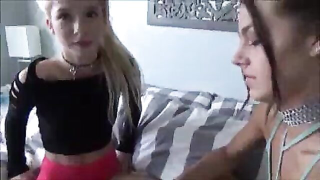Hot blonde teen in choker and red skirt kissed by brunette in bedroom