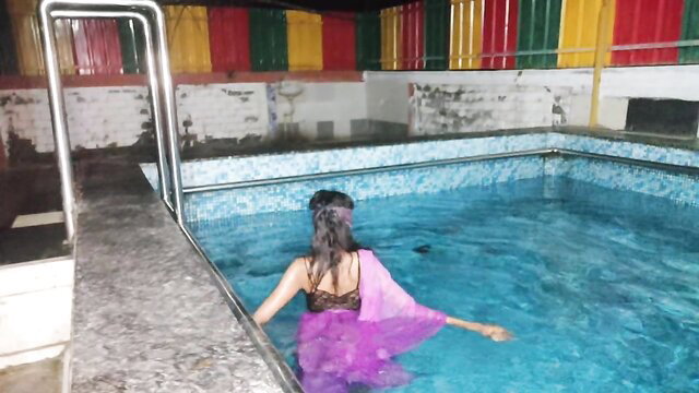 Hotty Disha in wet pink saree at pool edge, naughty hookup tease