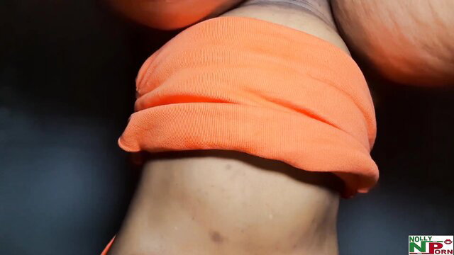 Alanna Lust orange cloth around thigh, huge tits tease