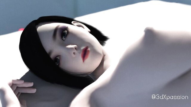 Nude Asian robot girl with black bob hair lying topless in seductive pose