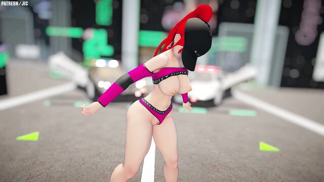 Pyrrha Nikos in pink lingerie dances sexy on neon street with police cars