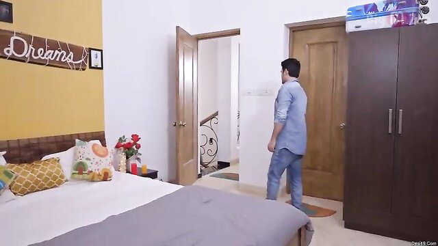 Indian man stands in Hindi MILF landlord's bedroom, Episode 1 homemade reality show