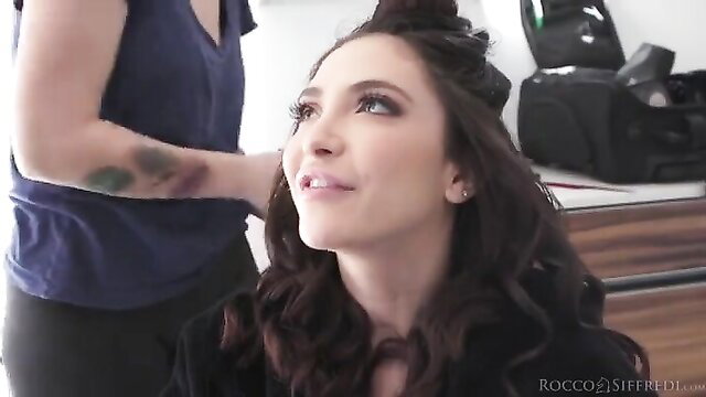 Jane Wilde getting hair styled backstage by woman for Rocco Siffredi