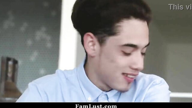 Young Latino stepson smiles close-up in taboo massage video thumbnail