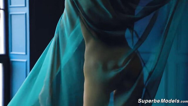 Mia Aria nude in sheer blue veil, teasing ass view SuperbeModels