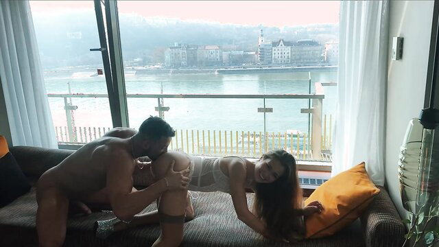 Mary Rock in lingerie gets fucked by Joel Tomas with city view